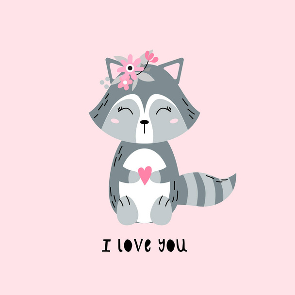 Cute racoon. I love you. Great for kids apparel, nursery decoration. Vector Illustration - Διάνυσμα, εικόνα