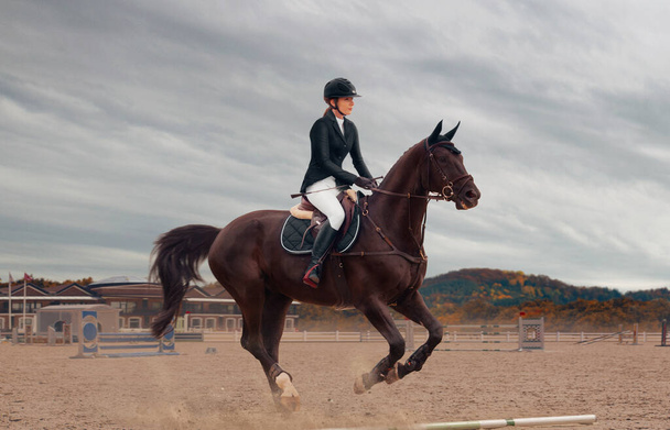 Jeździecki sport. Kobieta ujeżdżająca konia. - Zdjęcie, obraz