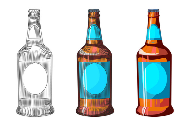 Bottiglia di birra leggera disegnata a mano isolata su sfondo bianco. Modello di bottiglia di birra artigianale. Stile vintage inciso. Per menù pub, cartoline, manifesti, stampe, confezioni. Illustrazione vettoriale
 - Vettoriali, immagini