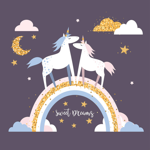 Cute white unicorns on a rainbow. Golden rainbow, stars, clouds. Vector illustration. Suitable for printing on a postcard, poster, clothing. - Διάνυσμα, εικόνα