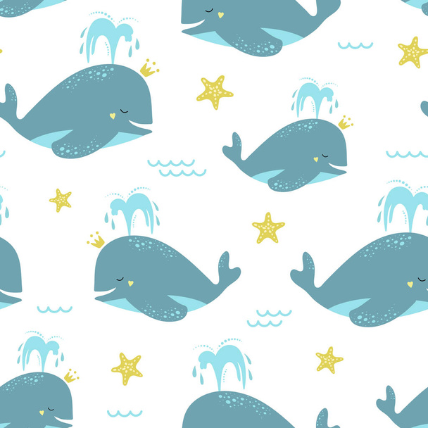 Cute seamless pattern with blue whales and starfish. Vector childish illustration isolated on white background. Suitable for printing on fabric, paper, wallpaper. - Vektör, Görsel