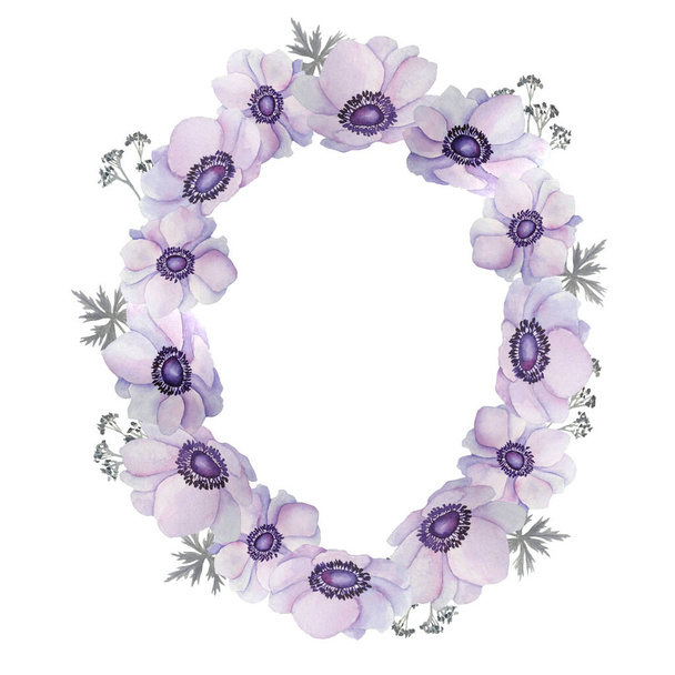 Vesiväri soikea ympyrä pyöreä kehys violetti violetti anemoni leinikki kukkia harmaita lehtiä. Kevät kukka pehmeä neutraali luontosuunnittelu häät kutsu. Kausiluonteinen vintage romanttinen koristelu Boho - Valokuva, kuva