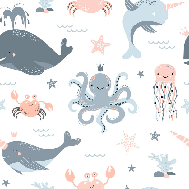 Roztomilý bezešvý vzor s velrybou, narvalem, chobotnicí, medúzami, hvězdicí, krabem. Kreativní dětské textury pro tkaniny, obaly, textil, tapety, oděvy. Vektorová ilustrace. - Vektor, obrázek