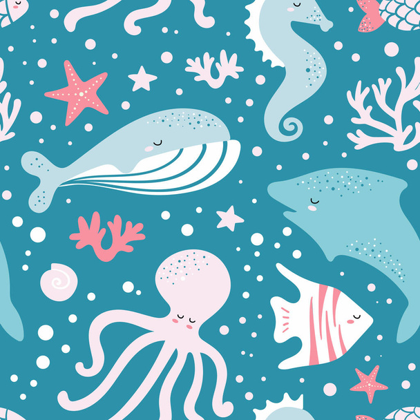 Cute seamless pattern with fish, whale, octopus, seashell, corals. Vector childrens background. Printing on fabric, clothing, wallpaper. - Vector, Image