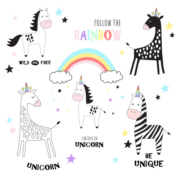 A set of cute animals. Unicorns. Rainbow - Διάνυσμα, εικόνα