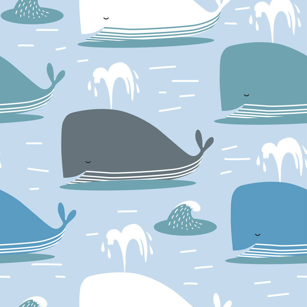 Seamless pattern with whales. Marine theme. Vector cute blue background. Blue whales. Suitable for fabric, wallpaper, clothing. - Vektor, obrázek