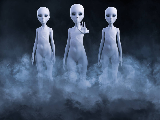 3D-Darstellung einer Begegnung mit drei Außerirdischen, die in Rauch aufgehen. Einer von ihnen hält die Hand wie zur Begrüßung. - Foto, Bild