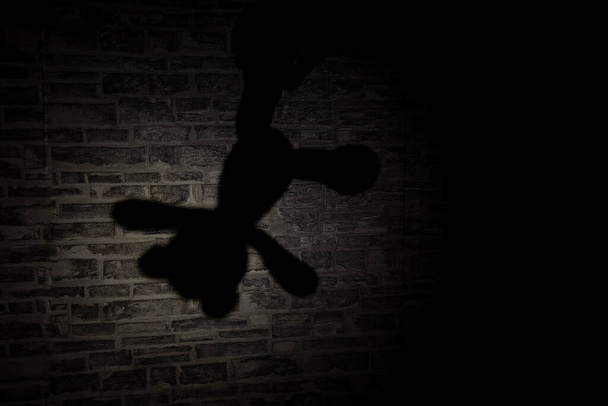 sombra de un osito de peluche colgado en una pared iluminada por una linterna
 - Foto, Imagen