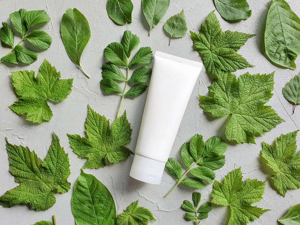 Top view of mock up of white squeeze bottle plastic tube for branding of medicine or cosmetics - cream, gel, skin care, toothpaste. Fresh green leaves on a gray background. Concept bio organic beauty. - Fotó, kép