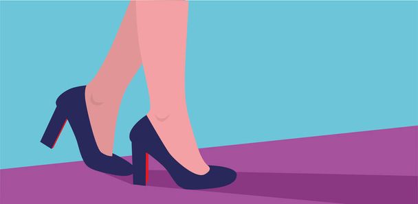 Beautiful female legs in high-heeled shoes on a blue background - Vector, Image