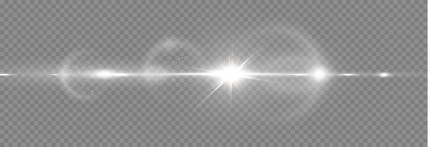 概要太陽光を透過する特殊レンズフレア光の効果。隔離された透明な背景。装飾要素。水平星バースト光線とスポットライト. - ベクター画像
