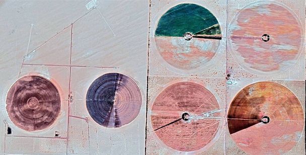 Die Kraft des Windes, Farmen menschlicher Nutzpflanzen in der Wüste, Hommage an Pollock, abstrakte Fotografie der Wüsten Afrikas aus der Luft, Luftaufnahmen, abstrakter Expressionismus, zeitgenössische Kunst, - Foto, Bild