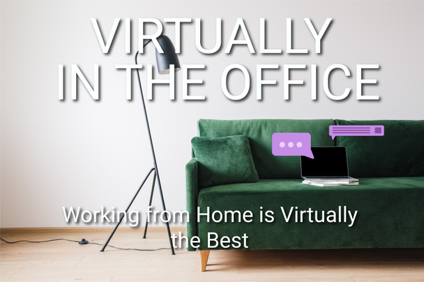 laptop with blank screen on green sofa near floor lamp and virtually in the office, working from home is virtually the best lettering - 写真・画像