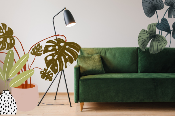 canapé vert avec oreiller près du lampadaire moderne et illustration de plantes dessinées  - Photo, image