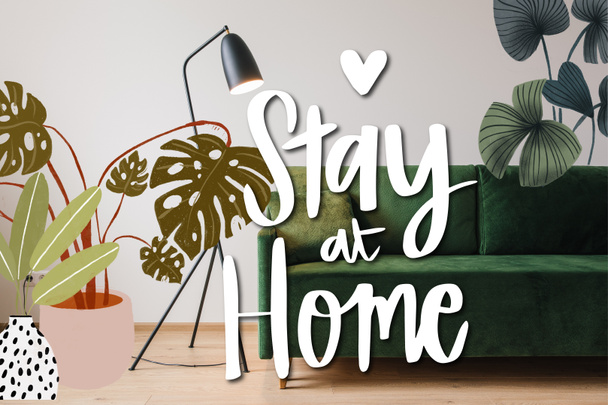 green sofa with pillow near modern floor lamp, drawn plants illustration and stay at home lettering  - Valokuva, kuva