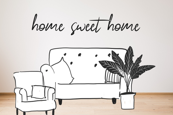 drawn sofa, armchair and plant near white wall and home sweet home lettering  - Fotografie, Obrázek