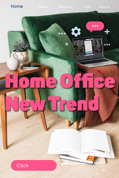 KYIV, UKRAINE - APRIL 14, 2020: green sofa, blanket and laptop with LinkedIn website near wooden coffee table with plant and smartphone near home office new trend lettering  - Photo, image