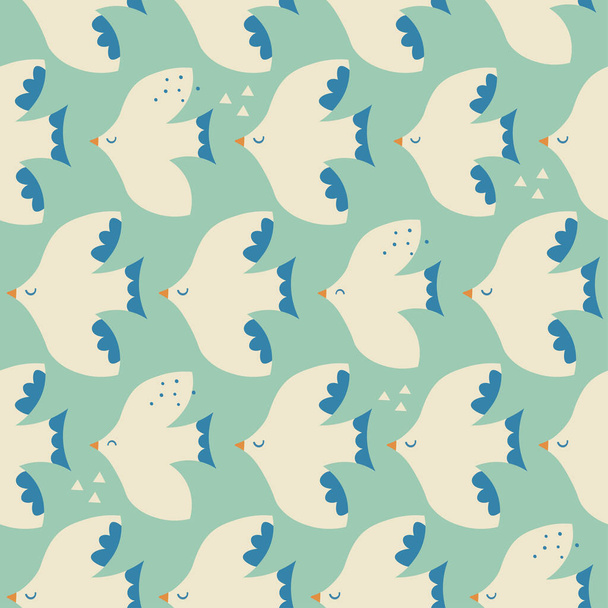 White flat design flock of serene flying birds with blue tails pattern on mint green background - Vektor, Bild