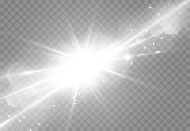 Świecące gwiazdy odizolowane na przejrzystym białym tle. Efekty, blask, blask, eksplozja, białe światło, zestaw. Świecące gwiazdy, piękny blask słońca. Ilustracja wektora. - Wektor, obraz