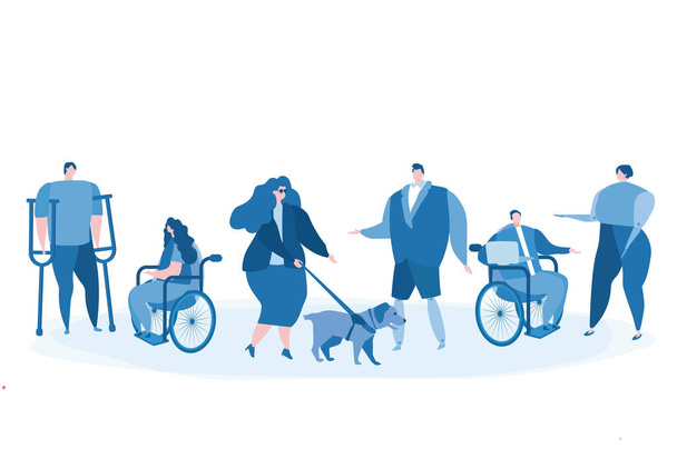 障害者はオフィス、世界障害者の日、障害者の日に一緒に働いています。ウェブバナー、インフォグラフィック、モバイル、特別なニーズを持つ男性と女性のためのベクトルイラスト - ベクター画像