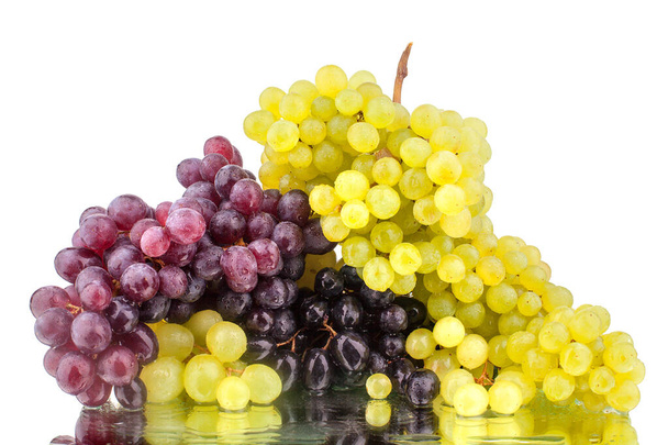 Bunches of black, red and white grapes on a white mirror background in drops of water isolated close up - Photo, Image