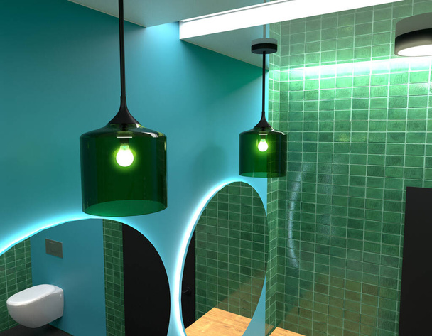 Lampy v koupelně se zelenými a modrými stěnami. 3D vykreslení - Fotografie, Obrázek