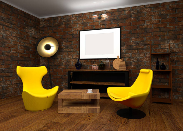 Loft στυλ εσωτερικό με άνετες κίτρινες πολυθρόνες και έναν τοίχο από τούβλα και άδειο πλαίσιο εικόνας. 3d αποτύπωση - Φωτογραφία, εικόνα