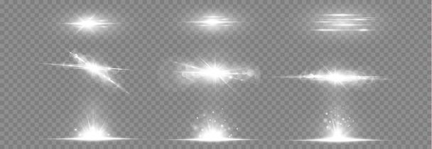 Estrellas brillantes aisladas sobre un fondo blanco transparente. Efectos, deslumbramiento, resplandor, explosión, luz blanca, conjunto. El resplandor de las estrellas, hermoso resplandor solar. Ilustración vectorial. - Vector, Imagen