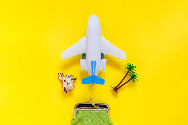 Powłoka, palma i samolot wypadają z portfela na żółtym tle. Oszczędzanie pieniędzy na wakacje - Zdjęcie, obraz