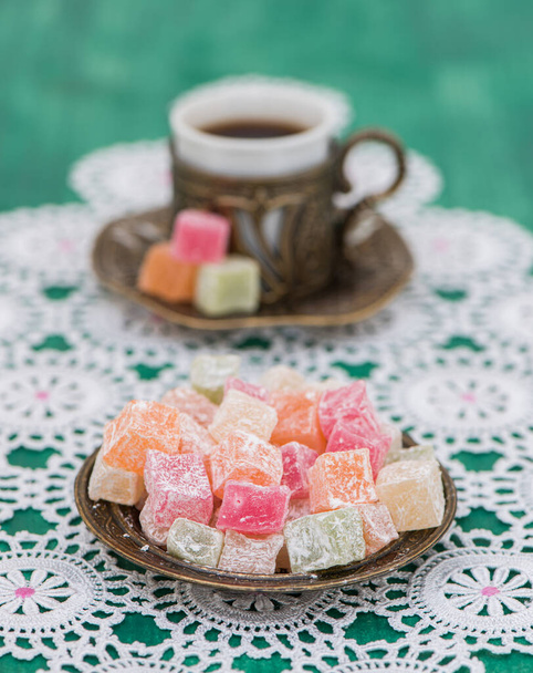 Turkish coffee and Turkish Delight with traditional presentation style - Photo, Image