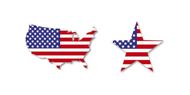Αμερική. Χάρτης των ΗΠΑ με σημαία της Αμερικής. ΗΠΑ. Αστέρι με σημαία την Αμερική. Χάρτης ΗΠΑ με αστέρι και σημαία, απομονωμένο. Εικονογράφηση διανύσματος - Διάνυσμα, εικόνα