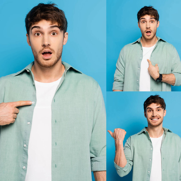 collage of emotional young man pointing with finger while looking at camera on blue - 写真・画像