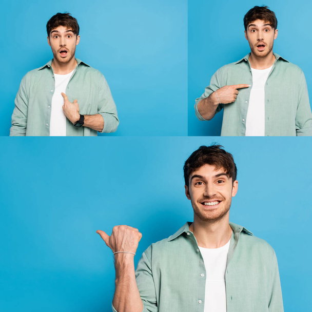 collage of emotional young man pointing with finger and looking at camera on blue - Fotoğraf, Görsel