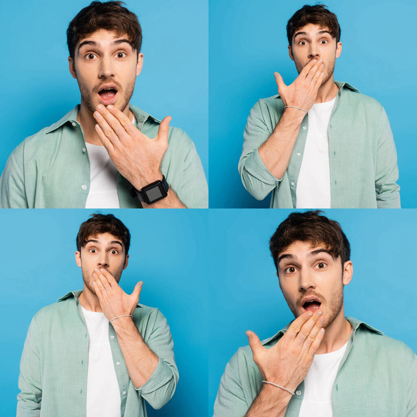 collage of shocked young man covering mouth with hand while looking at camera on blue - Photo, Image