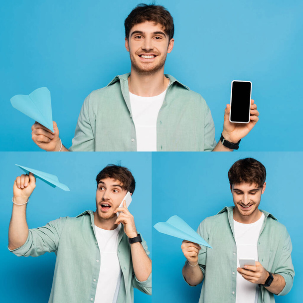 collage of young man using smartphone and holding paper plane on blue - Фото, зображення