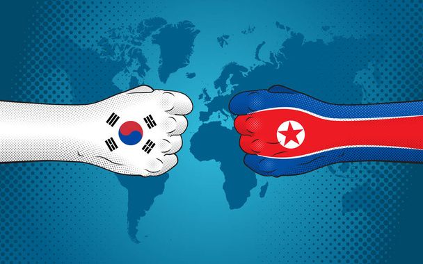 Betrekkingen Zuid-Korea - Noord-Korea Een vuist in de kleuren van de Noord-Koreaanse vlag tegenover een vuist in de kleuren van de Zuid-Koreaanse vlag - Vector, afbeelding