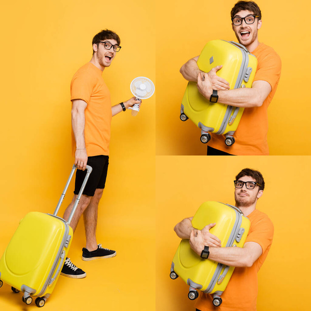collage di uomo felice con borsa da viaggio e ventilatore elettrico su giallo - Foto, immagini