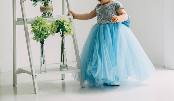 Dziewczynka w niebieskiej sukni księżniczki. Urodziny są za rok. dziecko uczy się chodzić. studio sesja zdjęciowa - Zdjęcie, obraz