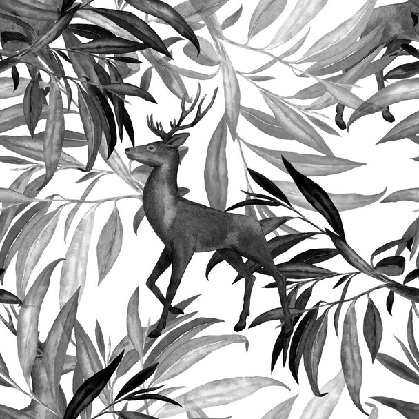 Watercolor seamless pattern with noble deers and green foliage. Beautiful animal print. Hand drawn. - Φωτογραφία, εικόνα