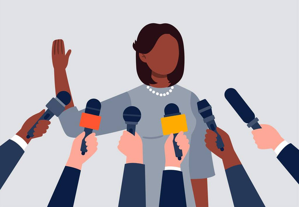 Informe en vivo, concepto de noticias en vivo. Una mujer afroamericana dando una entrevista. Muchas manos de periodistas con micrófonos. Ilustración vectorial plana
. - Vector, Imagen