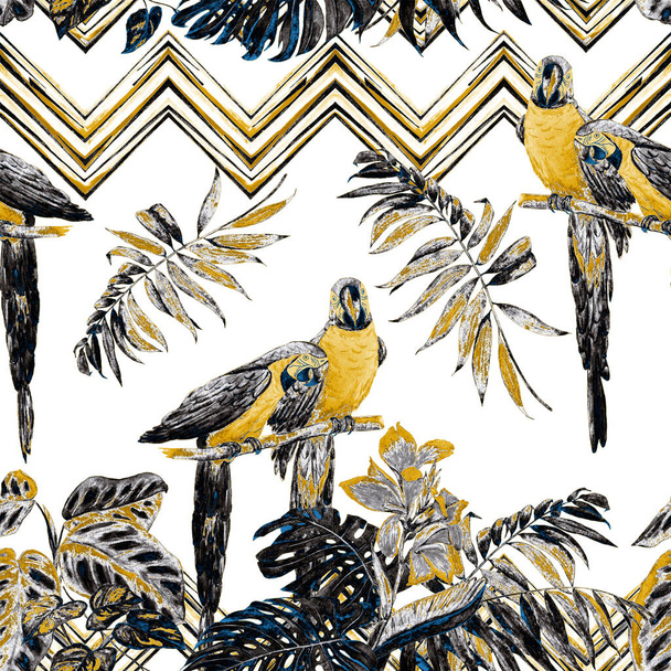 Watercolor seamless golden pattern with ara parrots and tropical leaves. Bright summer print. Exotic jungle wallpaper. - Foto, Imagen