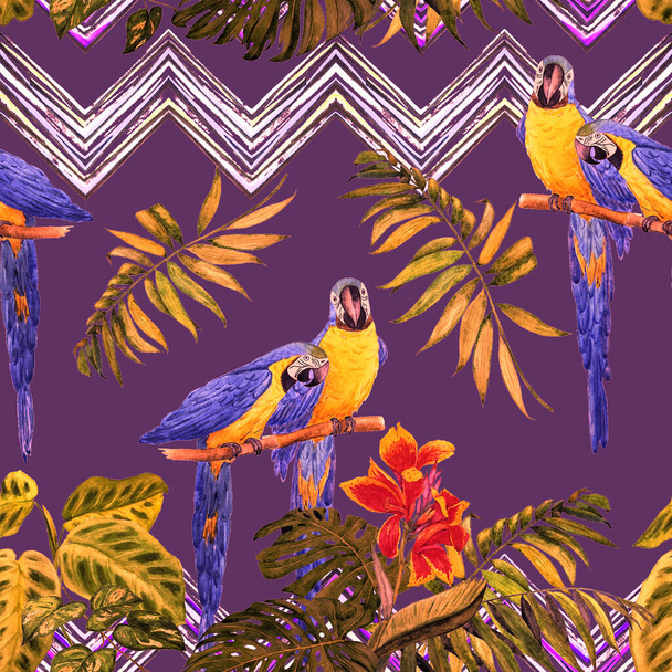 Watercolor seamless pattern with macaw parrots and tropical leaves. Bright summer print. Exotic jungle wallpaper. - Valokuva, kuva