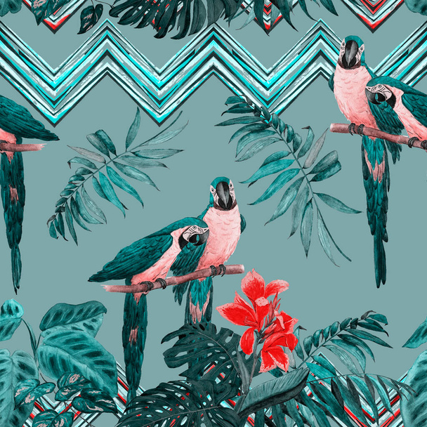 Watercolor seamless pattern with macaw parrots and tropical leaves. Bright summer print. Exotic jungle wallpaper. - Фото, изображение