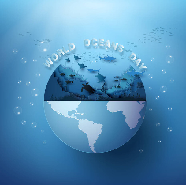 Ilustração da vida selvagem sob o mar e dia mundial do oceano, estilo de corte de papel
. - Vetor, Imagem