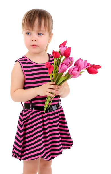 Beautiful little girl holding bouquet isolated on white - 写真・画像