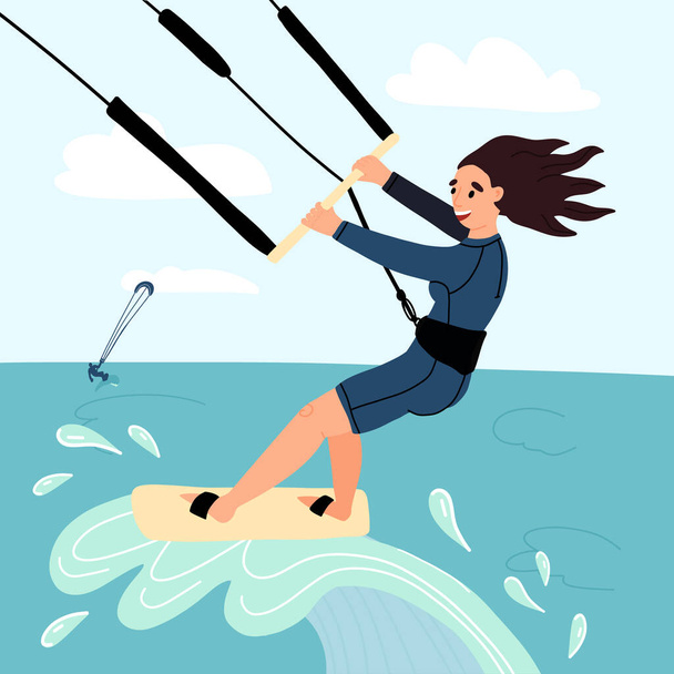 Grappige jonge sporters meisje vlieger surfer rijden een golf. Vlakke vector geïsoleerde illustratie. - Vector, afbeelding