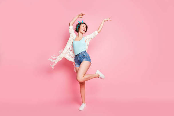 Full length body size view of her she nice attractive lovely pretty cheerful cheery positive girl dancing having fun chill out bachelorette air wind blowing isolated over pink pastel color background - Фото, зображення