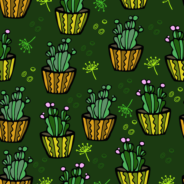 Patrón con cactus en macetas. Flores en macetas. Cactus con flores. Brillante patrón floral de cactus. Ilustración vectorial en el estilo de garabatos, dibujos animados, planos
. - Vector, imagen