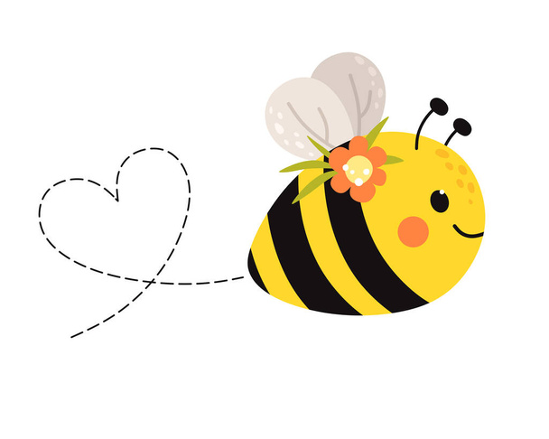 Χαριτωμένο ιπτάμενη μέλισσα με ένα λουλούδι σε καρτούν επίπεδη στυλ. Εικονογράφηση διανύσματος. - Διάνυσμα, εικόνα