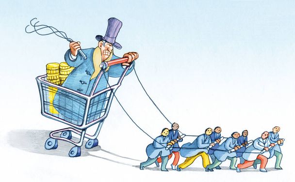 riche banquier assis dans un chariot de supermarché fouette une rangée de travailleurs pour le remorquer illustration de crayon de satire politique - Photo, image